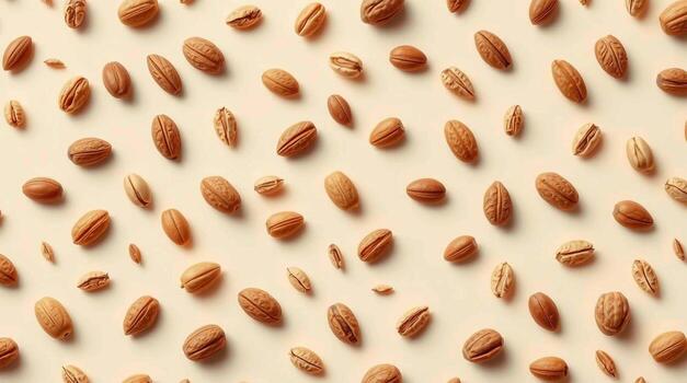 A visually appealing arrangement of roasted almonds scattered across a light neutral background creating a textured pattern photo