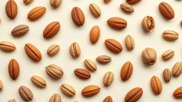 A close up overhead view of numerous dried dates scattered across a light colored surface creating a textured pattern photo