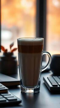 Coffee cup on a desk with keyboard and computer photo