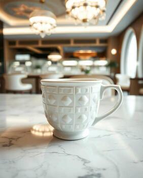 Elegant white teacup with intricate embossed pattern rests on a marble surface in a softly lit cafe setting photo