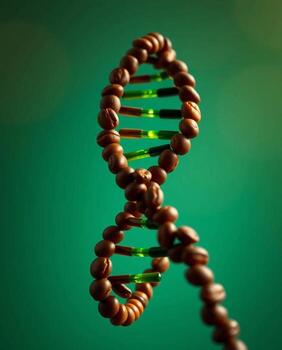 Intricate dna double helix structure with glowing green genetic code against a deep green background photo