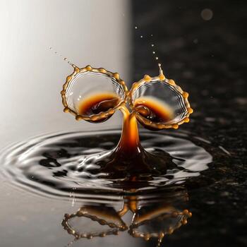 Two colliding coffee drops create a mesmerizing symmetrical splash resembling an owl with intricate liquid patterns photo