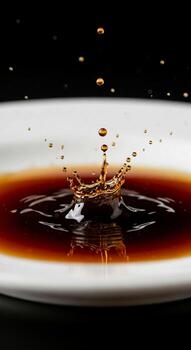 Capturing the dynamic moment of a dark liquid splash creating intricate crown shapes on a white surface photo