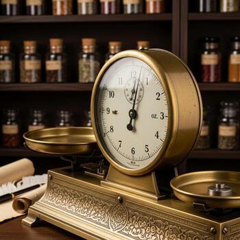 An old clock sits on a table in front of a shelf of spices photo