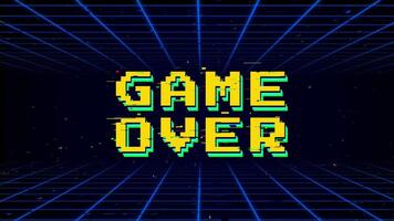 retro 8 bit spel över text animering med tekniskt fel effekt och trogen rutnät bakgrund video