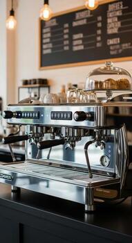 Professional espresso machine gleaming on a cafe counter with a chalkboard menu in the background photo