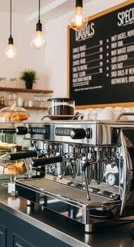 A gleaming professional espresso machine sits ready for service behind a cafe counter with a menu board above photo