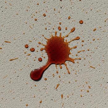 A single dark red liquid splash with trailing droplets on a textured light gray surface photo
