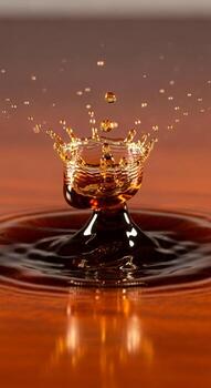 Capturing the dynamic splash of a dark liquid creating a crown shape with tiny droplets photo