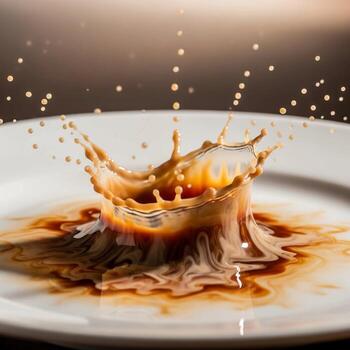 Dynamic liquid splash frozen in time creating a crown shape on a white plate with airborne droplets photo