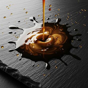 Dark liquid poured onto a textured surface creating a dynamic splash and swirl pattern photo