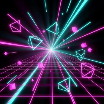 Retro futuristic neon grid with exploding geometric shapes and light trails photo