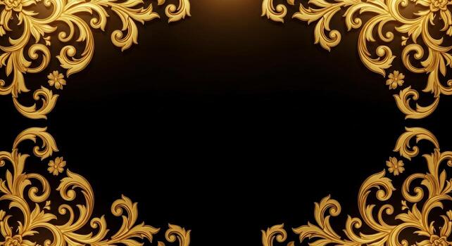 Elegant golden baroque swirls and flourishes frame a dark empty space for text or design elements photo