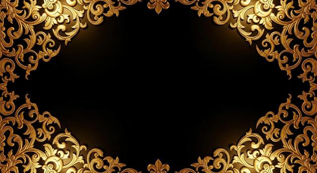 Elegant golden ornate swirls frame a deep black empty space for text or design photo