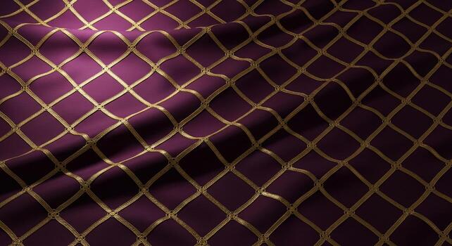 Luxurious deep purple fabric with a shimmering gold diamond pattern creating elegant texture and depth photo
