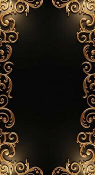 Elegant golden baroque ornate scrollwork borders framing a dark empty space for text or design elements photo