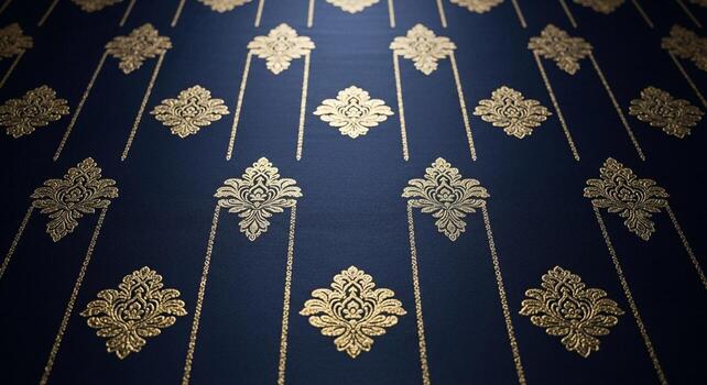Intricate golden damask pattern on deep blue background with subtle vertical lines photo