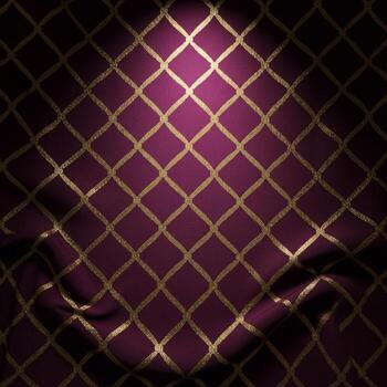 Elegant deep purple damask pattern with golden diamond lattice illuminated by a spotlight creating a luxurious textured background photo