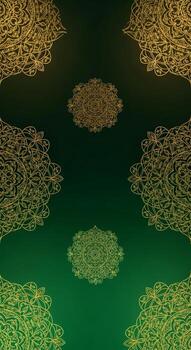 Intricate golden mandala patterns mirrored on a deep emerald green gradient background photo