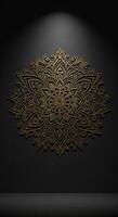 Golden mandala on black wall photo