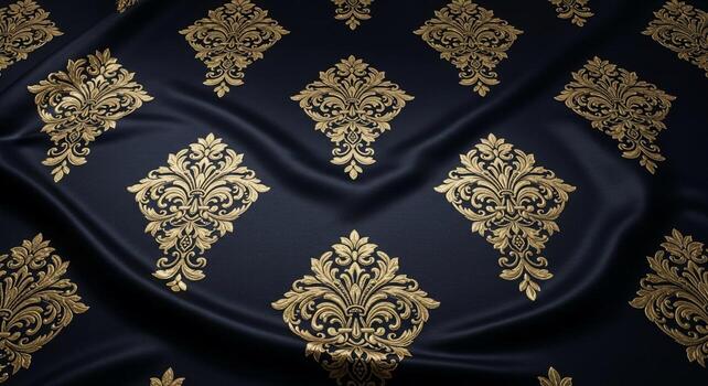 Intricate gold damask pattern on deep navy fabric creating a luxurious and elegant textile design photo