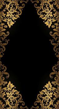 Ornate golden damask pattern border on a black background with a central empty space for text or design photo