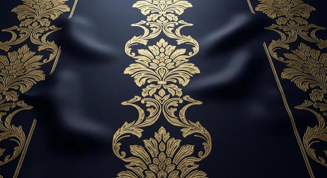 Luxurious dark fabric with intricate gold damask pattern creating an opulent and elegant textile design photo