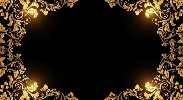 Elegant golden baroque flourish border design on a deep black background with subtle lighting effects photo