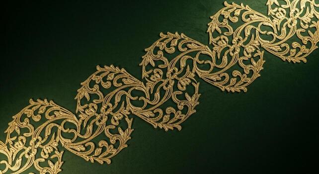 Intricate golden filigree pattern on a deep emerald green background creating a luxurious and ornate decorative element photo