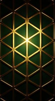 Illuminated geometric lattice structure with a central bright light source and deep green background photo