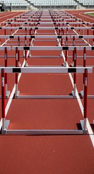 An empty athletic track with multiple rows of hurdles set up for a race ready for competition photo