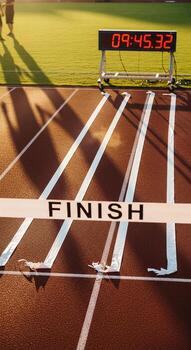 Finish line on a running track with shadows photo