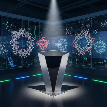 A futuristic display with a large display of different colored lights photo