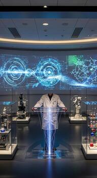 A man standing in front of a display case with a screen showing a photo