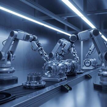 Robots working in a factory with lights on photo