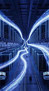 A long line of computer servers in a data center photo