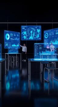 A man is standing in front of a table with several screens photo