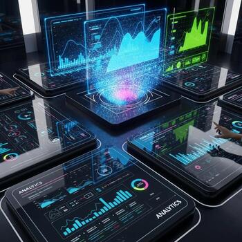 A table with several tablets and a computer screen photo