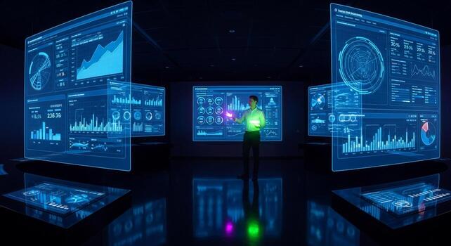 A person standing in front of a display of data photo