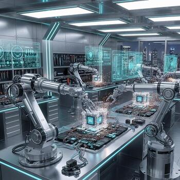 Robotics in the factory - 3d rendering photo