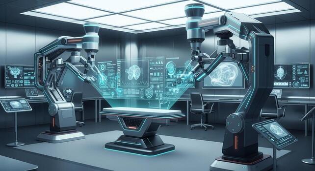 Robot in a futuristic medical room with a table and computer photo