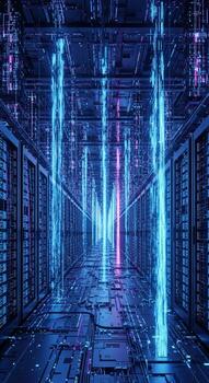 A computer server room with glowing lights photo