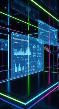 A man standing in front of a futuristic display with data photo