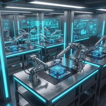 Robot factory with futuristic technology 3d rendering photo