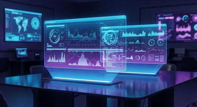 A table with three monitors and a computer screen photo