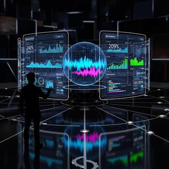 A man standing in front of a large screen with graphs and data photo