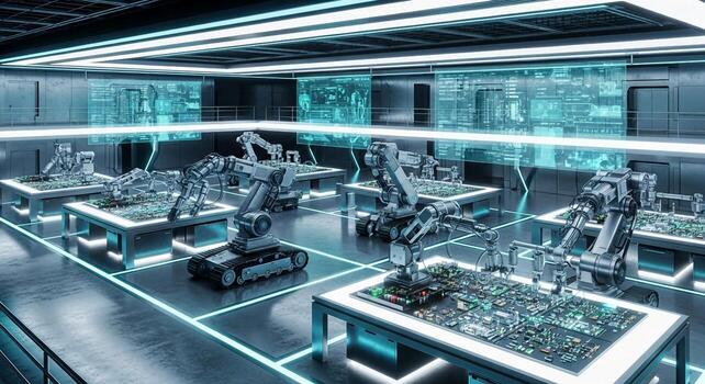 A room with robots and computers in it photo