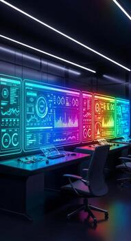 A computer room with multiple monitors and a computer photo