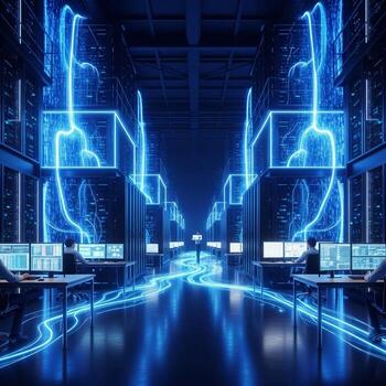 A room with multiple computers and a man working on them photo