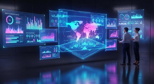 Two people standing in front of a futuristic display with graphs and data photo